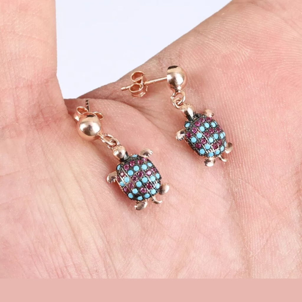 Turquoise & Ruby Rose Gold Turtle Earrings